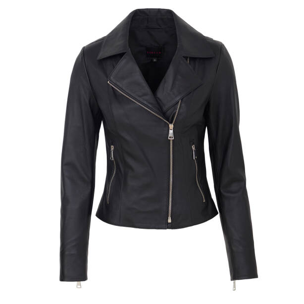 Siyah Hakiki Deri Kadın Deri Biker Mont - K26KDM320503-Q3H 
