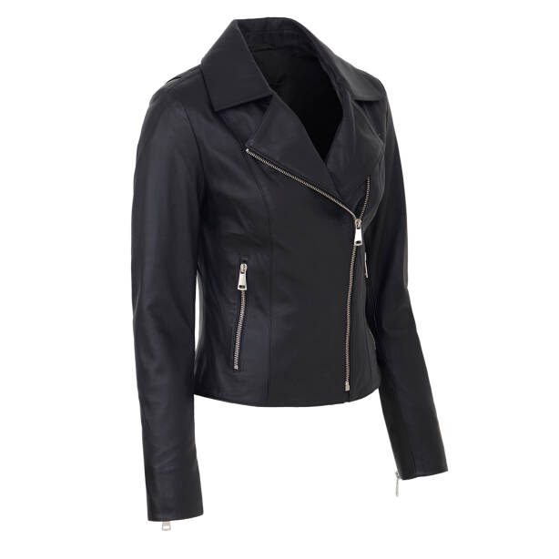 Siyah Hakiki Deri Kadın Deri Biker Mont - K26KDM320503-Q3H - 2