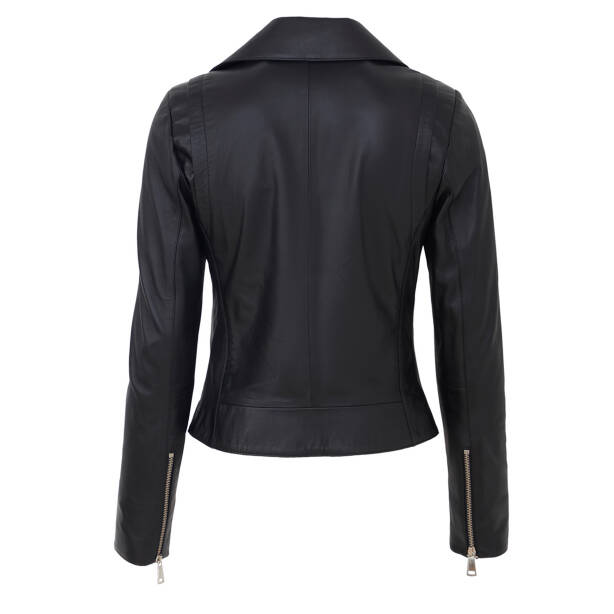 Siyah Hakiki Deri Kadın Deri Biker Mont - K26KDM320503-Q3H - 4