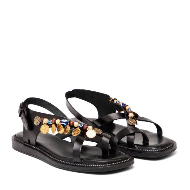 Siyah Hakiki Deri Kadın Sandalet - K26Y1SN68451-A23 - Tergan