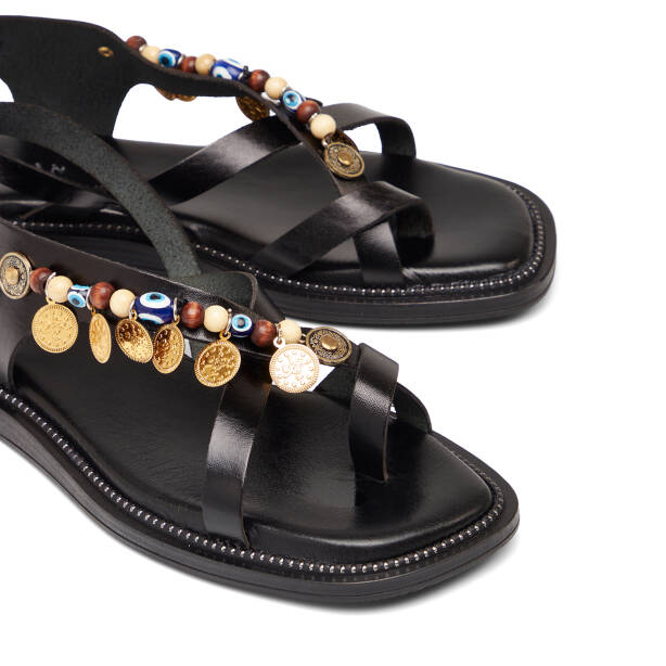 Siyah Hakiki Deri Kadın Sandalet - K26Y1SN68451-A23 - Tergan