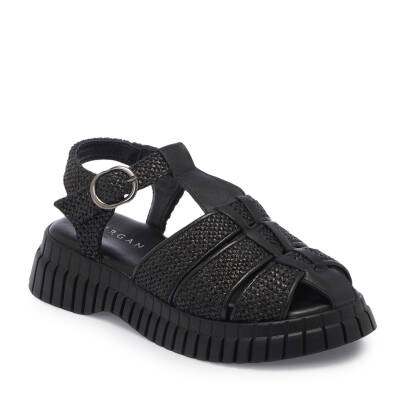 Siyah Hasır - Deri Kadın Sandalet - K25Y1SN67865-A23 
