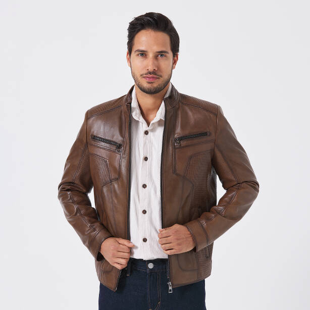 Taba Deri Erkek Deri Mont - E25KDM310601-R46 - Tergan Four Season