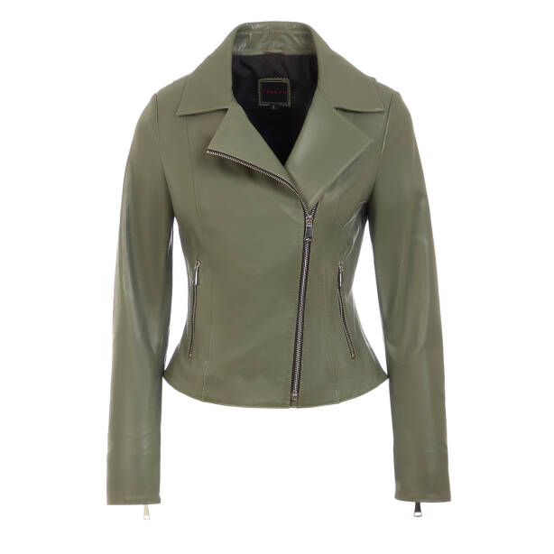 Yeşil Hakiki Deri Kadın Deri Biker Mont - K25KDM320479-R52 - Tergan Four Season