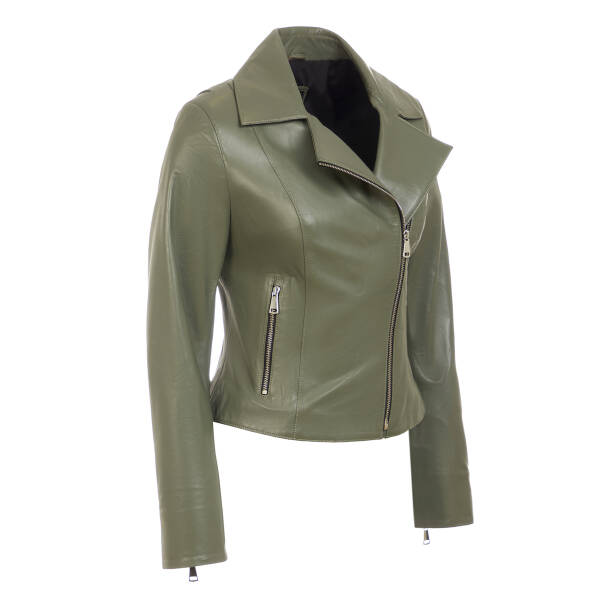 Yeşil Hakiki Deri Kadın Deri Biker Mont - K25KDM320479-R52 - Tergan Four Season