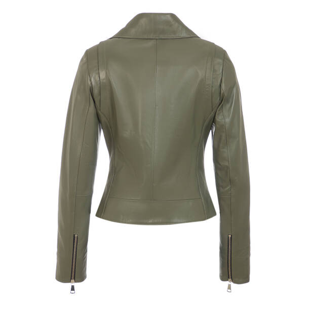 Yeşil Hakiki Deri Kadın Deri Biker Mont - K25KDM320479-R52 - Tergan Four Season