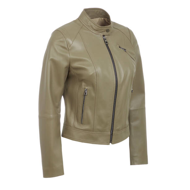 Yeşil Hakiki Deri Kadın Deri Biker Mont - K25KDM320480-R52 - Tergan