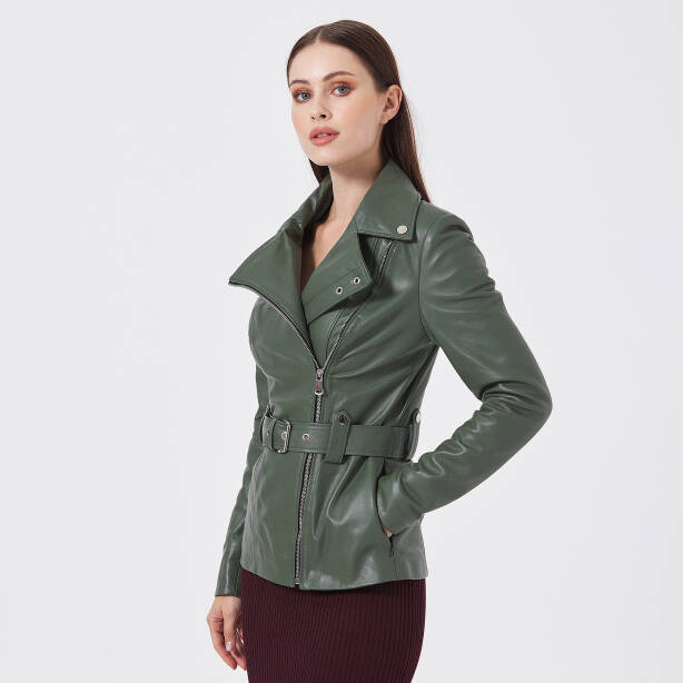 Yeşil Hakiki Deri Kadın Deri Ceket - K24IDM320436-R2Q - 2