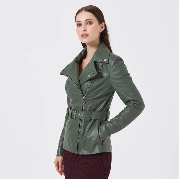 Yeşil Hakiki Deri Kadın Deri Ceket - K24IDM320436-R2Q - 2