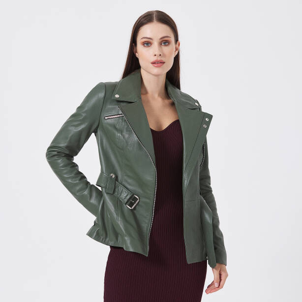 Yeşil Hakiki Deri Kadın Deri Ceket - K24IDM320436-R2Q - 4