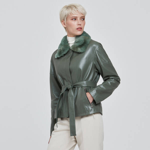 Yeşil Deri Kadın Kürk Mont - K23KDM320371-R2Q - 2