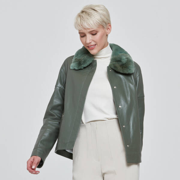 Yeşil Deri Kadın Kürk Mont - K23KDM320371-R2Q - 3
